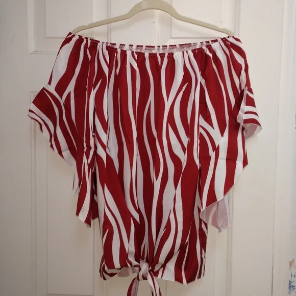 New Zebra Print Boho Off On Shoulder Front Tie Top - Picture 2 of 11